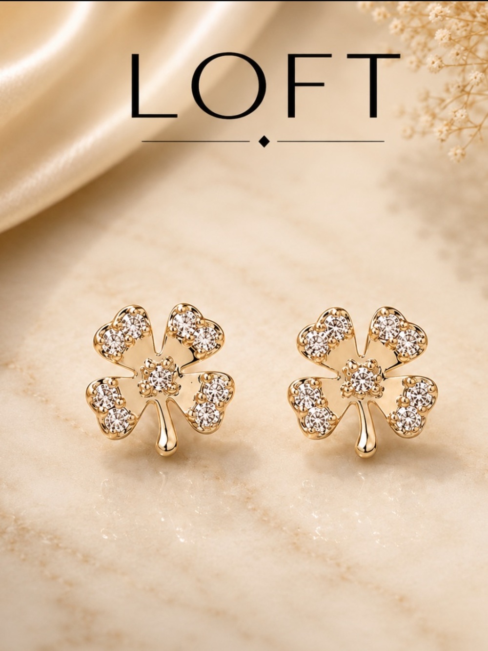 Ann Taylor LOFT Gold Four Leaf Clover Crystal Stud Earrings